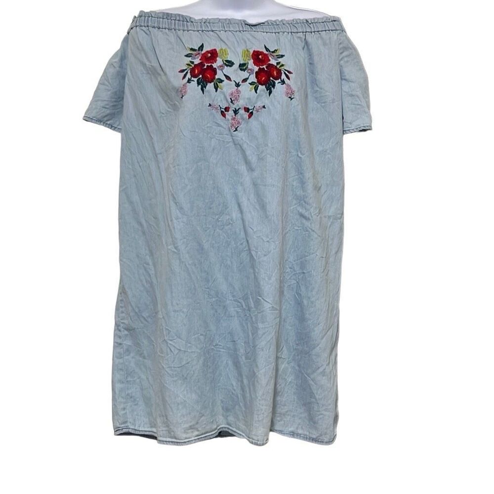 Iris Womens 1X Chambray Off Shoulder Mini Dress Blue Embroidered Short Sleeve